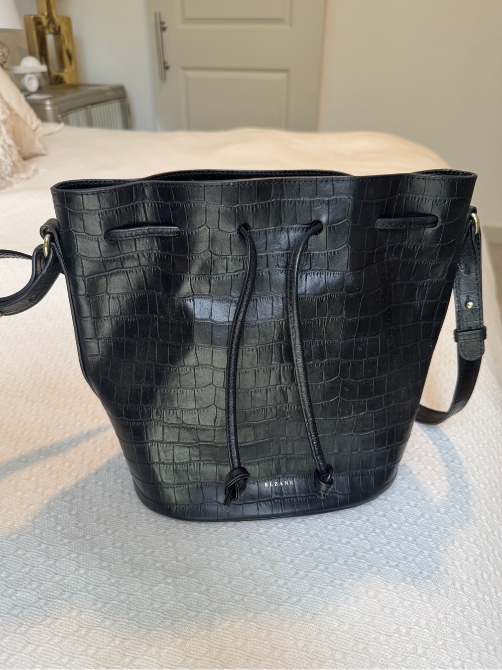 Sezan Farrow Black Crocodile Print Leather Drawstring Crossbody Bucket Bag